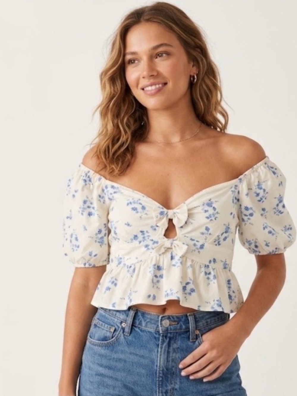 Tie-Front Off-Shoulder Peplum Crop Top - Cream with Blue Floral